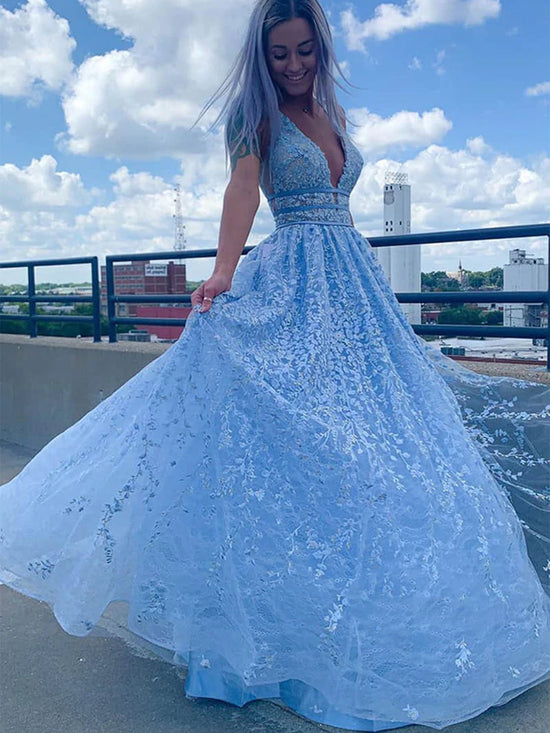 Blue A-Line Tulle Lace Long Prom Dresses, Blue Lace Formal Evening Dresses