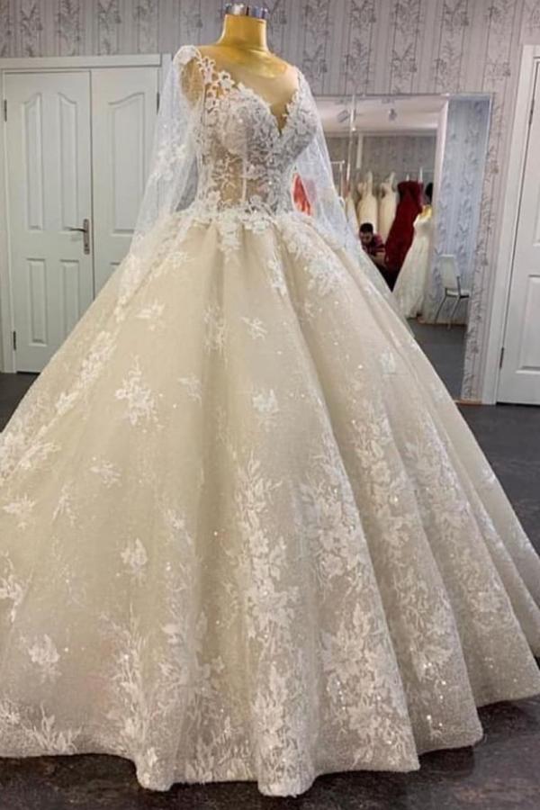 Long A-line Bateau Appliques Lace Sequins Tulle Wedding Dress-BIZTUNNEL