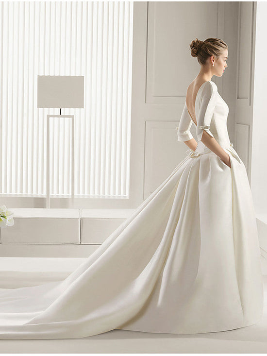 Long A-Line Bateau Neck Polyester Half Sleeve Backless Wedding Dresses with Pockets-BIZTUNNEL