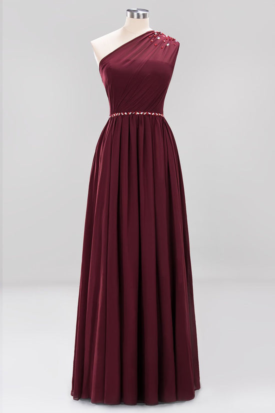 Long A-Line Burgundy Chiffon One Shoulder Bridesmaid Dresses with Beadings-BIZTUNNEL