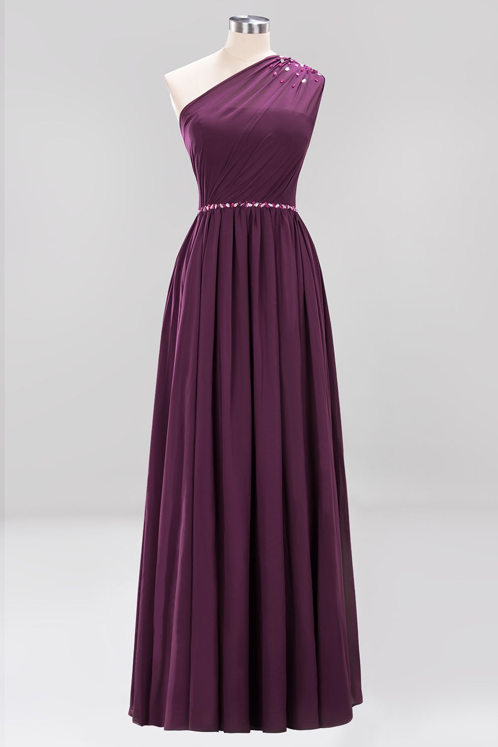 Long A-Line Burgundy Chiffon One Shoulder Bridesmaid Dresses with Beadings-BIZTUNNEL