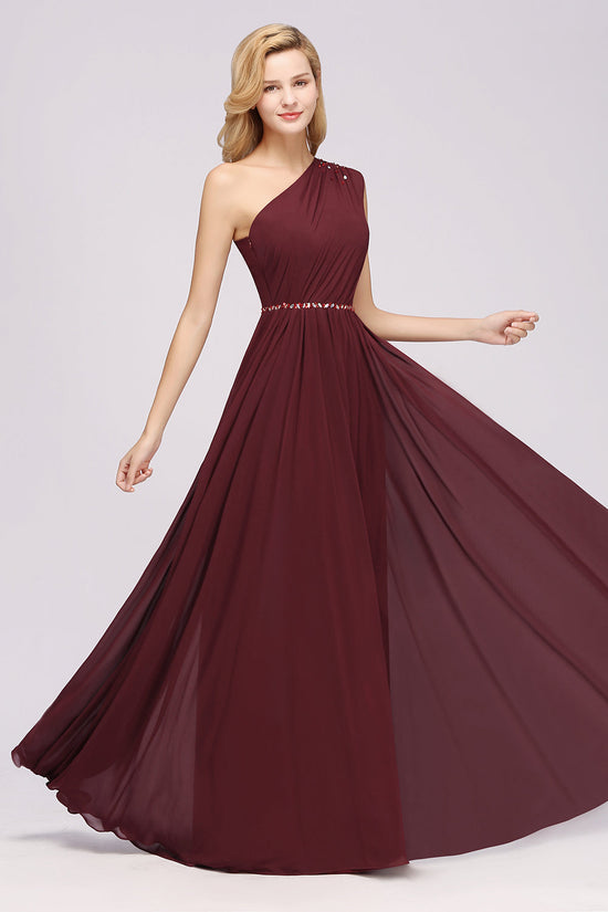 Long A-Line Burgundy Chiffon One Shoulder Bridesmaid Dresses with Beadings-BIZTUNNEL