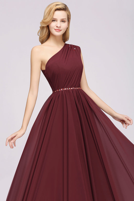 Long A-Line Burgundy Chiffon One Shoulder Bridesmaid Dresses with Beadings-BIZTUNNEL