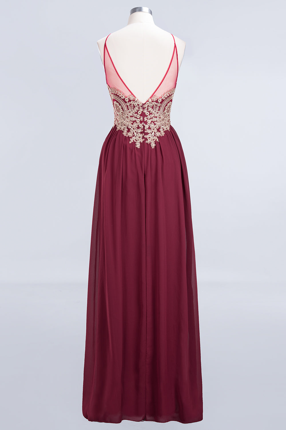 Long A-Line Chiffon Backless Burgundy Bridesmaid Dress with Appliques-BIZTUNNEL