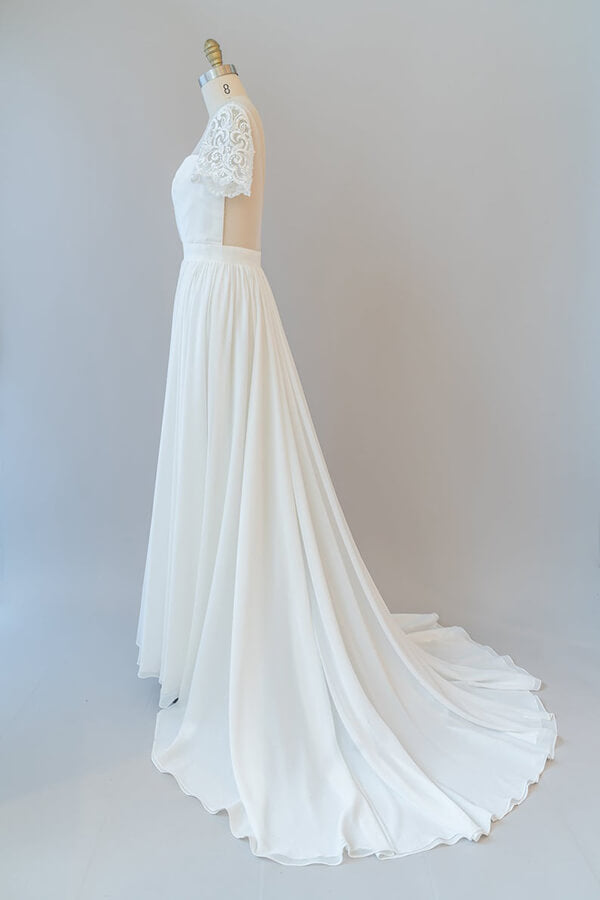 Long A-line Chiffon Backless Wedding Dress with Sleeves-BIZTUNNEL