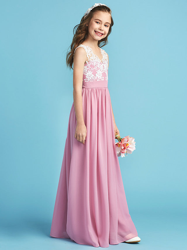 Long A-line Chiffon Flower Girl Dresses Lace Junior Bridesmaid Dress-BIZTUNNEL