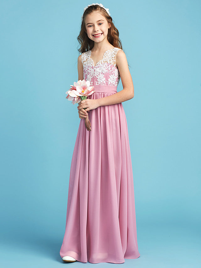 Long A-line Chiffon Flower Girl Dresses Lace Junior Bridesmaid Dress-BIZTUNNEL