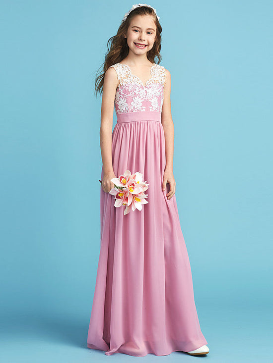 Long A-line Chiffon Flower Girl Dresses Lace Junior Bridesmaid Dress-BIZTUNNEL