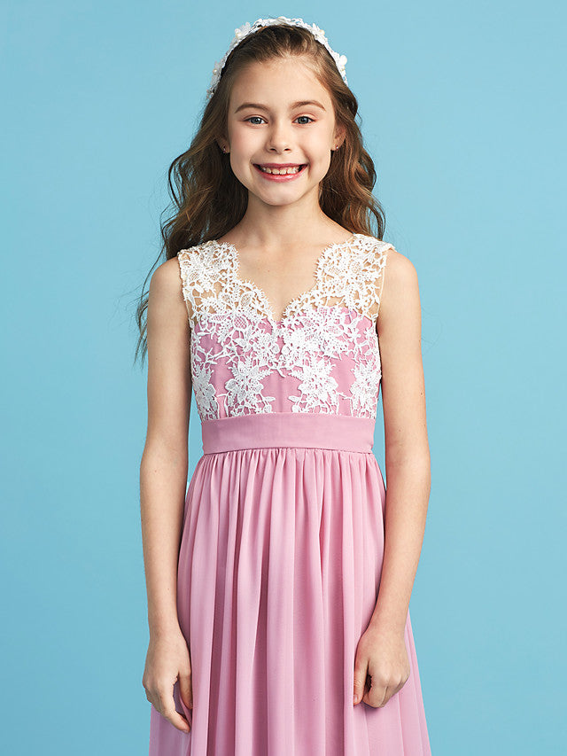 Long A-line Chiffon Flower Girl Dresses Lace Junior Bridesmaid Dress-BIZTUNNEL