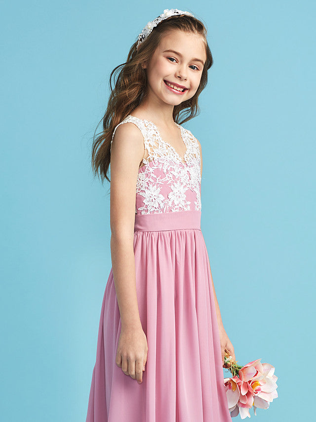 Long A-line Chiffon Flower Girl Dresses Lace Junior Bridesmaid Dress-BIZTUNNEL