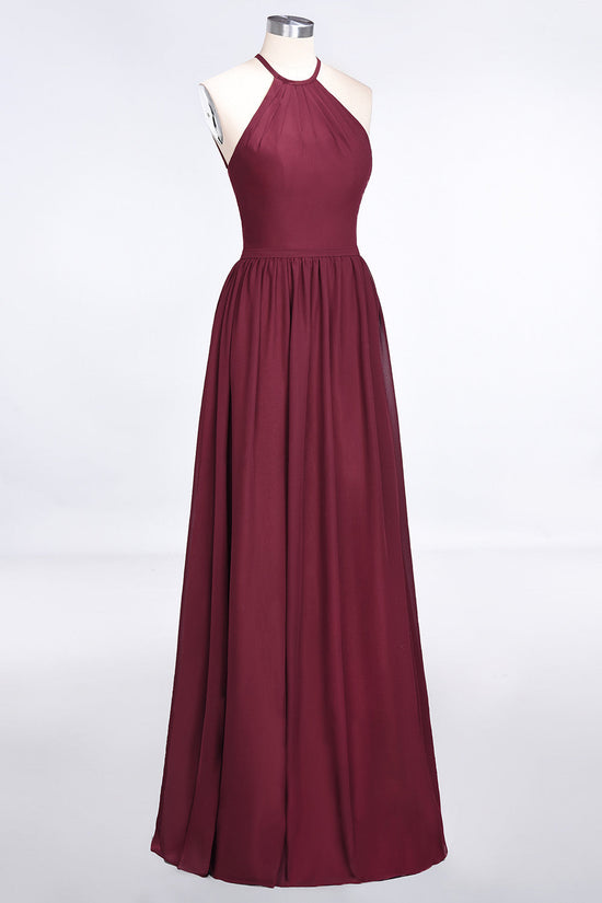 Long A-Line Chiffon Halter Sleeveless Burgundy Bridesmaid Dress with Ruffles-BIZTUNNEL