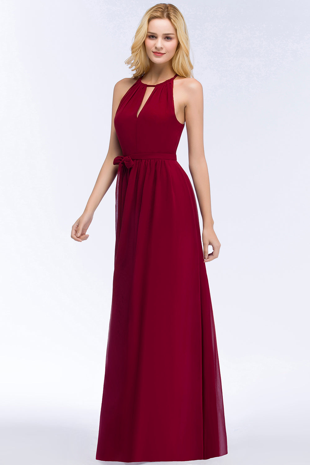 Long A-Line Chiffon Halter Sleeveless Ruffles Bridesmaid Dresses with Bow Sash-BIZTUNNEL