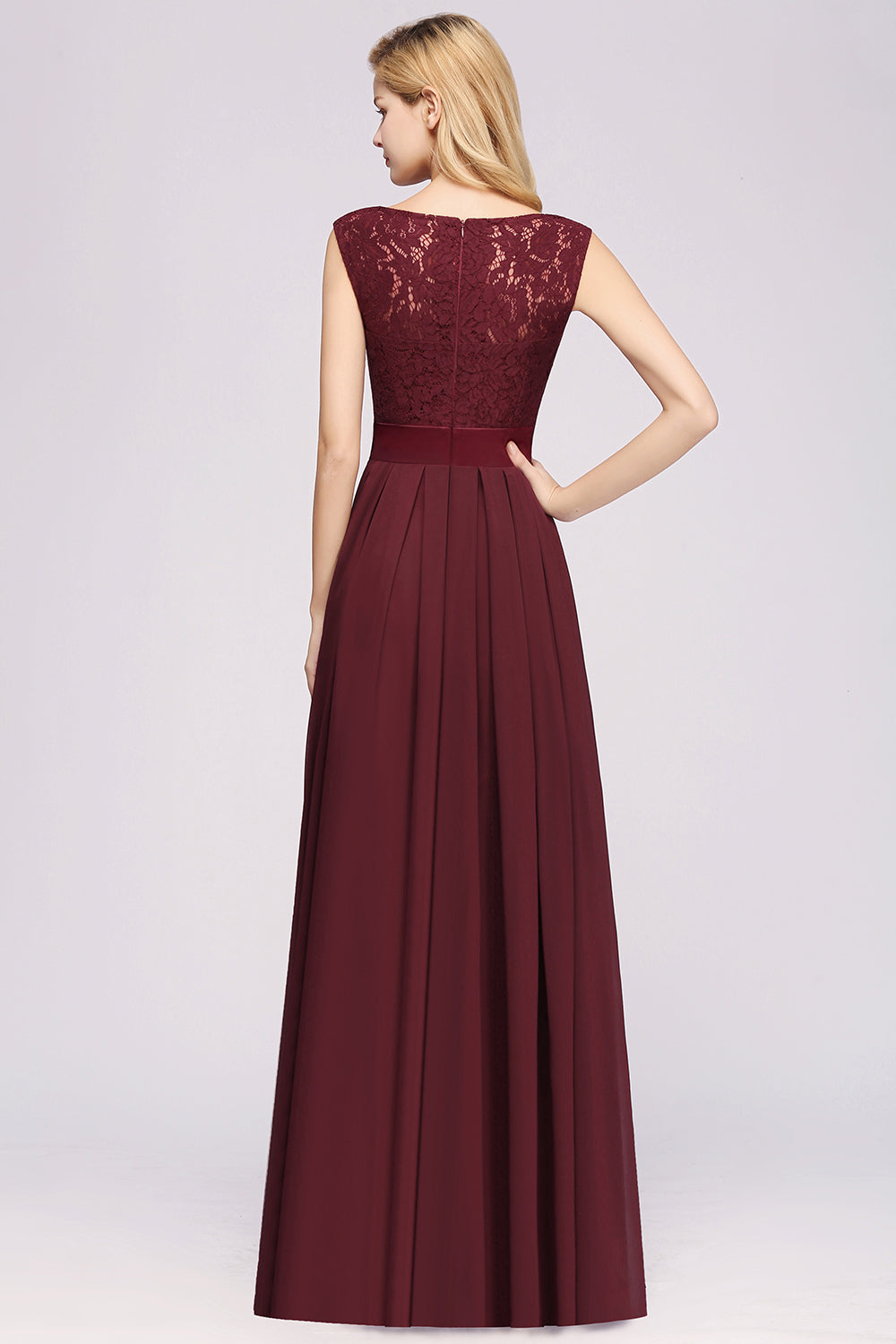 Long A-line Chiffon Lace Jewel Sleeveless Ruffles Bridesmaid Dress-BIZTUNNEL