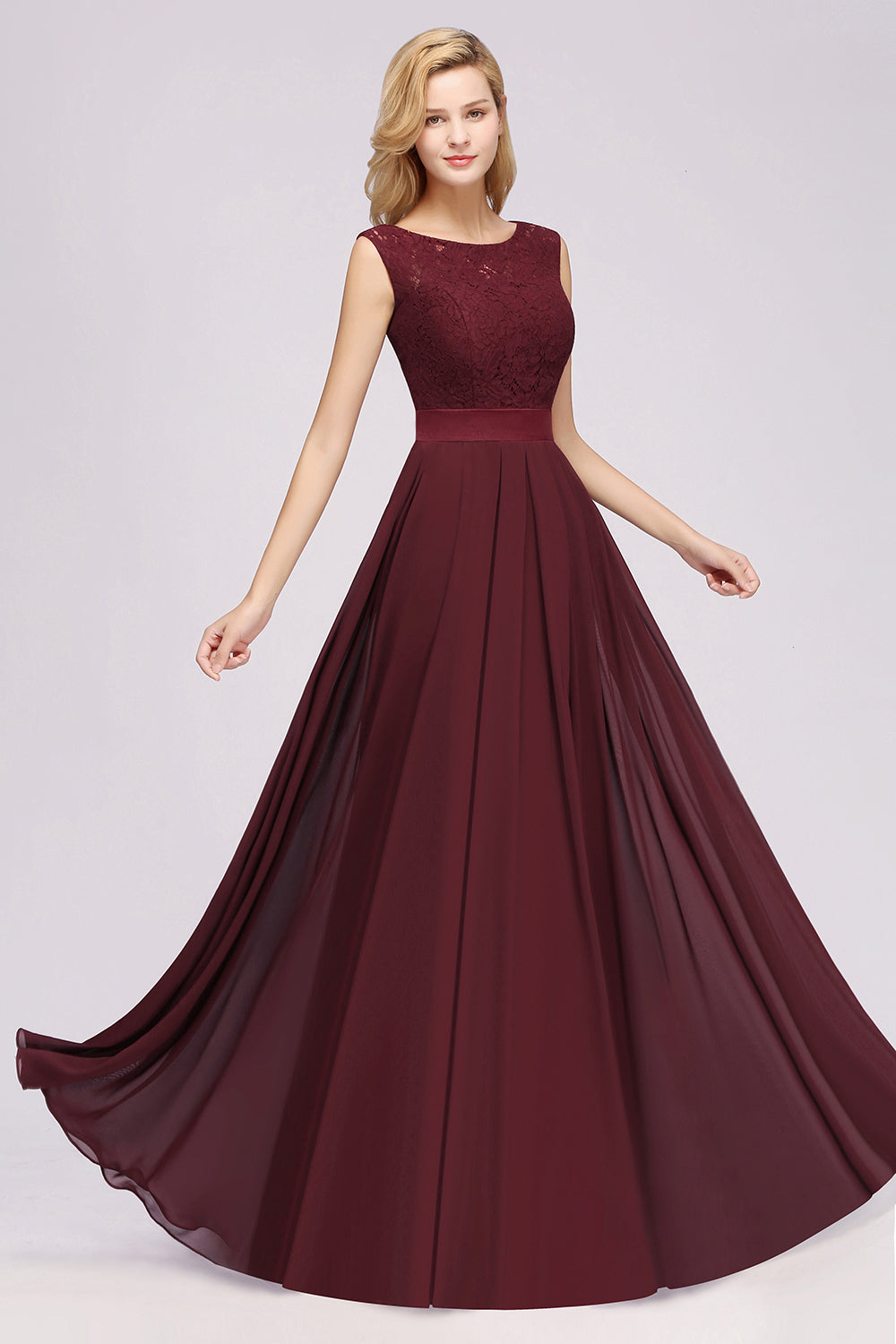 Long A-line Chiffon Lace Jewel Sleeveless Ruffles Bridesmaid Dress-BIZTUNNEL