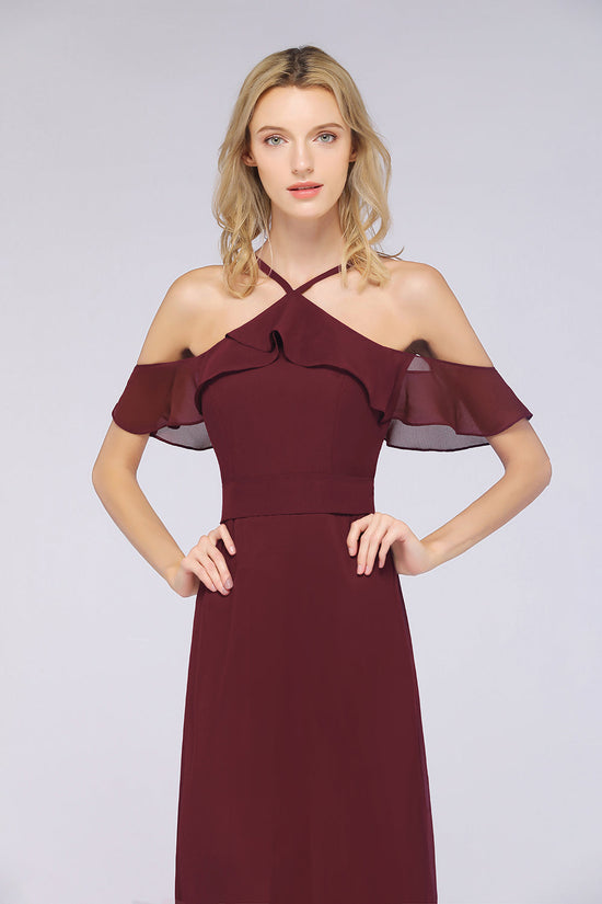 Long A-line Chiffon Spaghetti-Straps Burgundy Bridesmaid Dress with Bow Sash-BIZTUNNEL