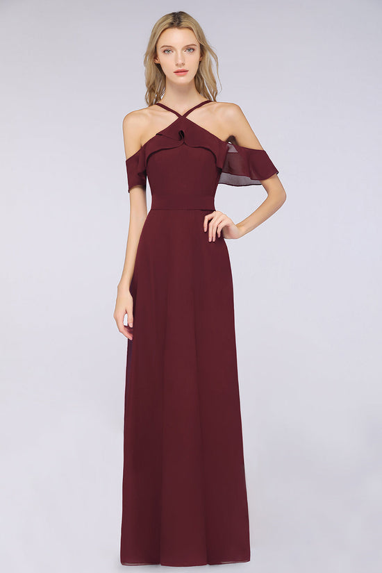 Long A-line Chiffon Spaghetti-Straps Burgundy Bridesmaid Dress with Bow Sash-BIZTUNNEL