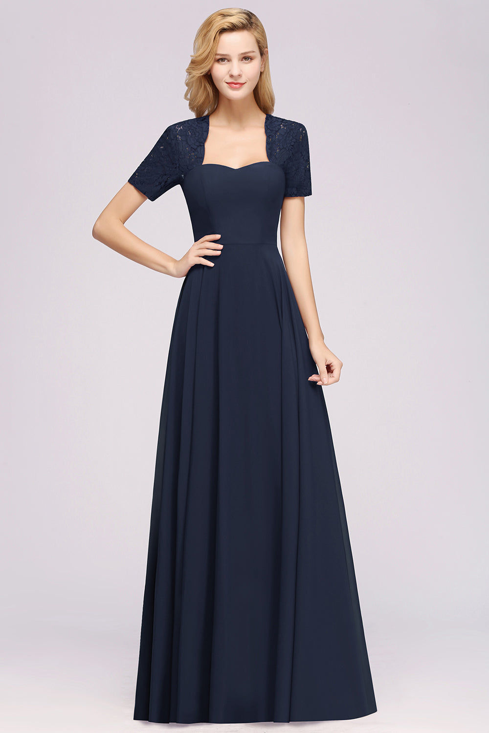 Long A-Line Chiffon Square Bridesmaid Dress with Sleeves-BIZTUNNEL