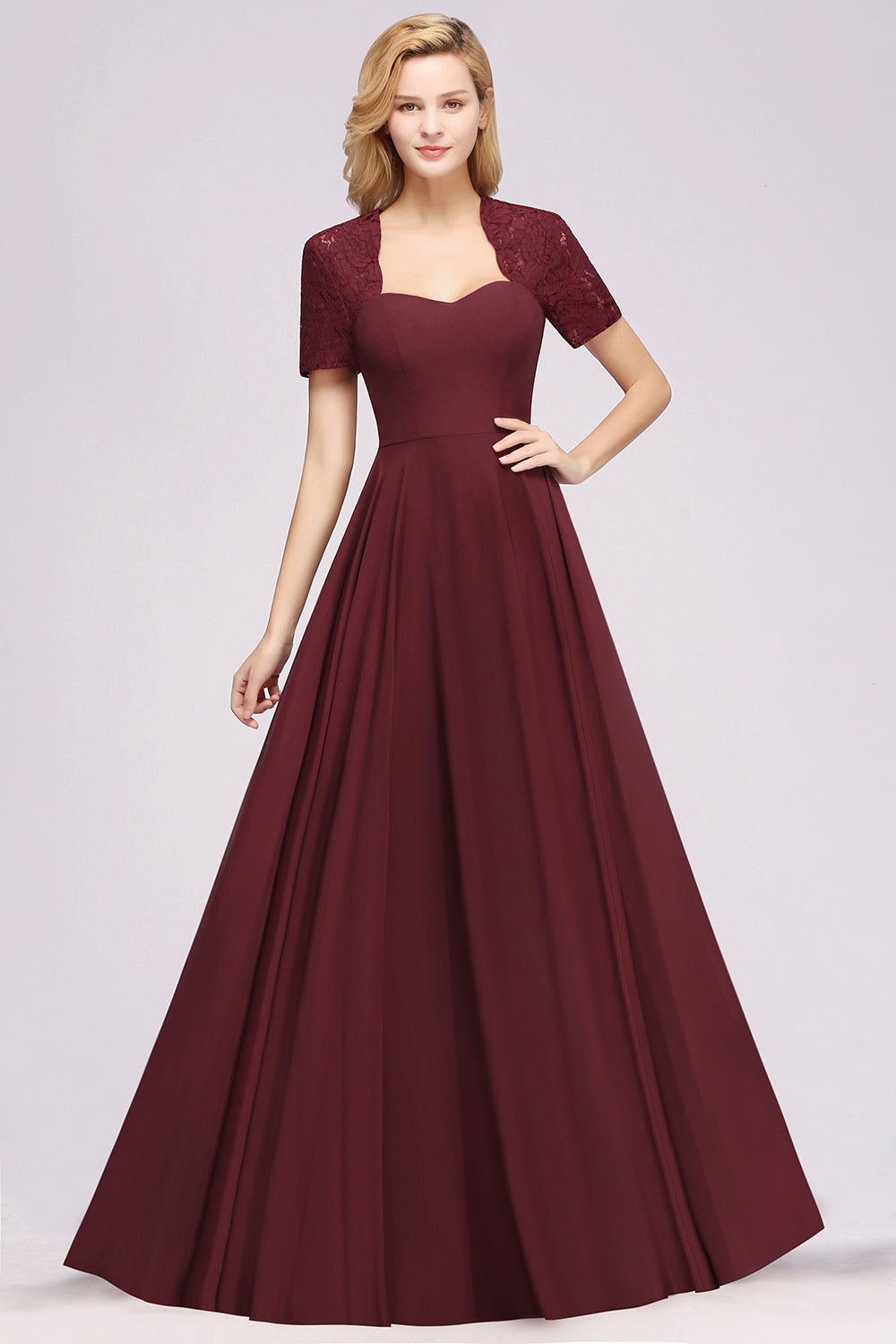 Long A-Line Chiffon Square Bridesmaid Dress with Sleeves-BIZTUNNEL