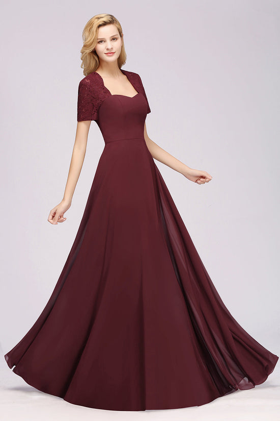 Long A-Line Chiffon Square Bridesmaid Dress with Sleeves-BIZTUNNEL