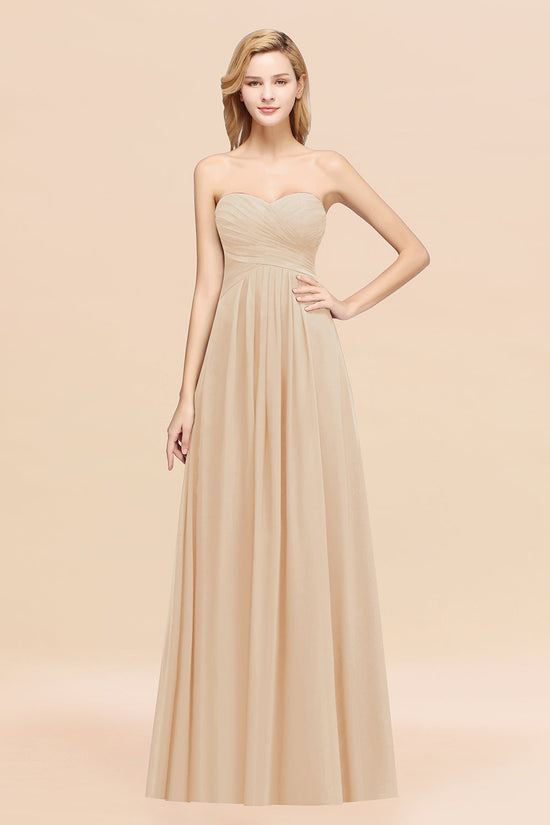 Long A-line Chiffon Sweetheart Strapless Ruffles Bridesmaid Dress-BIZTUNNEL