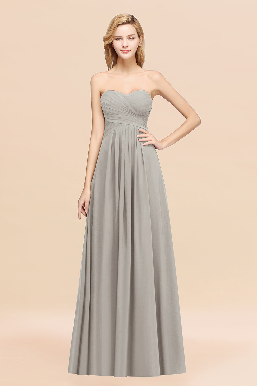 Long A-line Chiffon Sweetheart Strapless Ruffles Bridesmaid Dress-BIZTUNNEL