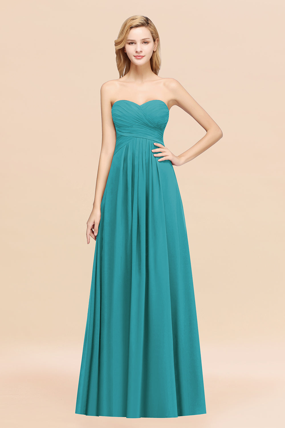 Long A-line Chiffon Sweetheart Strapless Ruffles Bridesmaid Dress-BIZTUNNEL