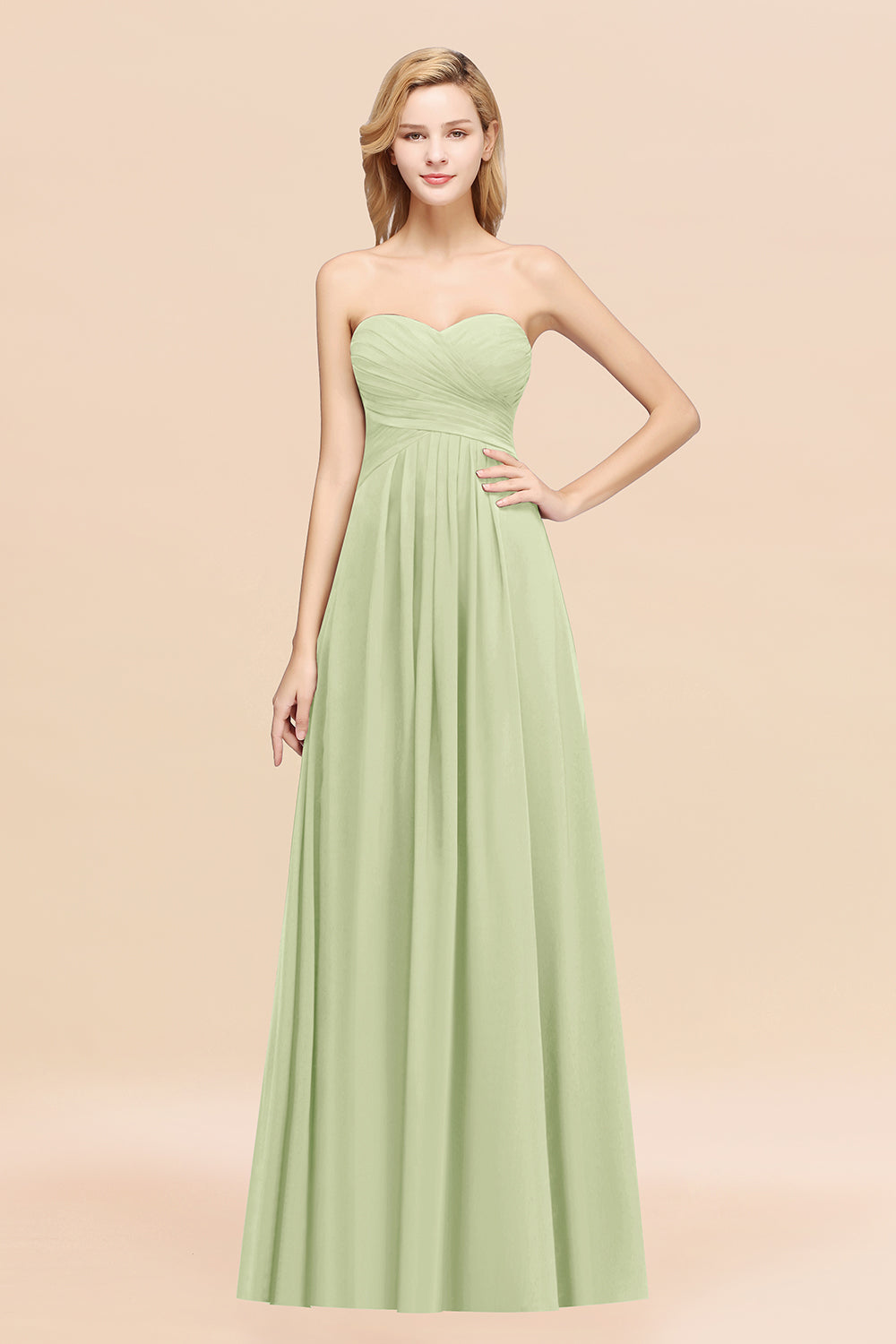 Long A-line Chiffon Sweetheart Strapless Ruffles Bridesmaid Dress-BIZTUNNEL