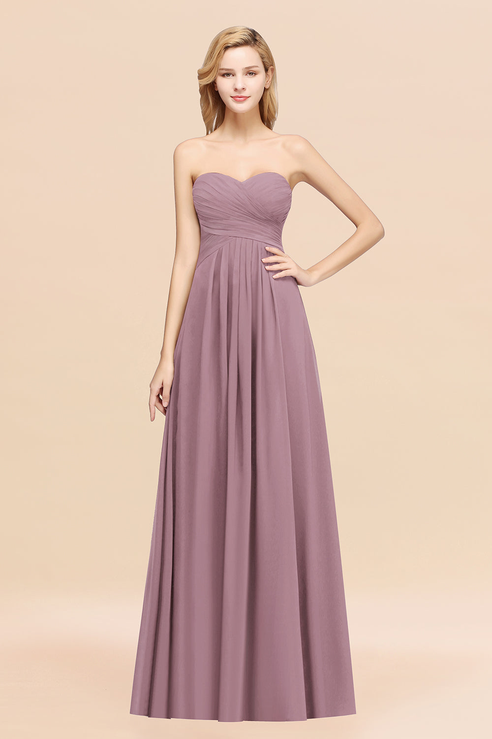 Long A-line Chiffon Sweetheart Strapless Ruffles Bridesmaid Dress-BIZTUNNEL