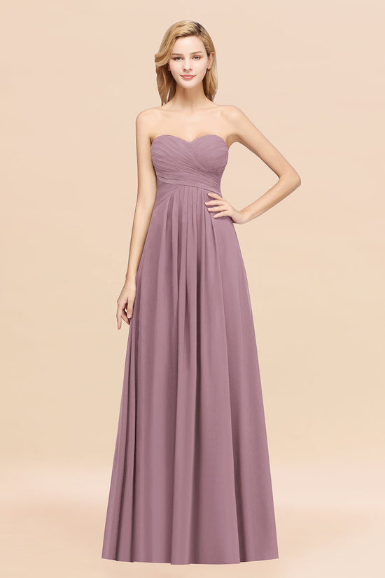 Long A-line Chiffon Sweetheart Strapless Ruffles Bridesmaid Dress-BIZTUNNEL