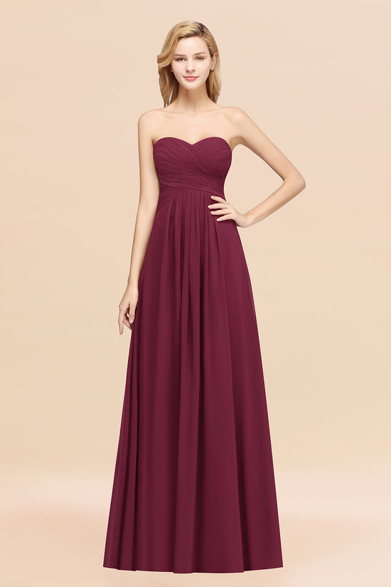 Long A-line Chiffon Sweetheart Strapless Ruffles Bridesmaid Dress-BIZTUNNEL