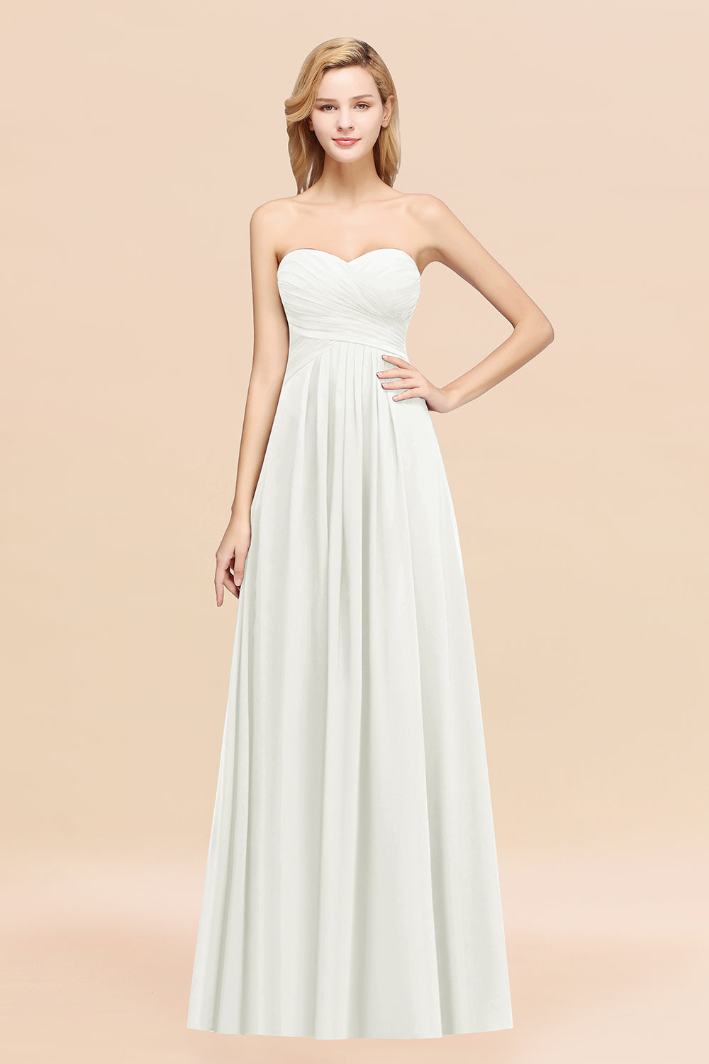 Long A-line Chiffon Sweetheart Strapless Ruffles Bridesmaid Dress-BIZTUNNEL