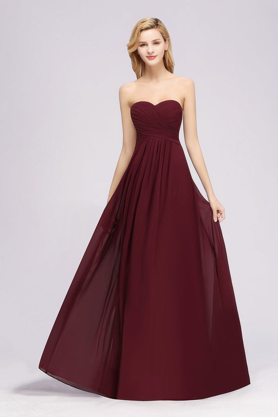 Long A-line Chiffon Sweetheart Strapless Ruffles Bridesmaid Dress-BIZTUNNEL