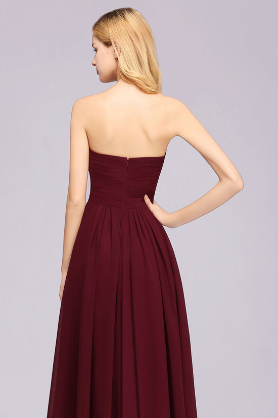 Long A-line Chiffon Sweetheart Strapless Ruffles Bridesmaid Dress-BIZTUNNEL