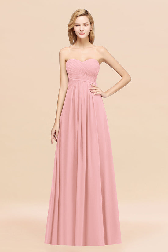 Long A-line Chiffon Sweetheart Strapless Ruffles Bridesmaid Dress-BIZTUNNEL