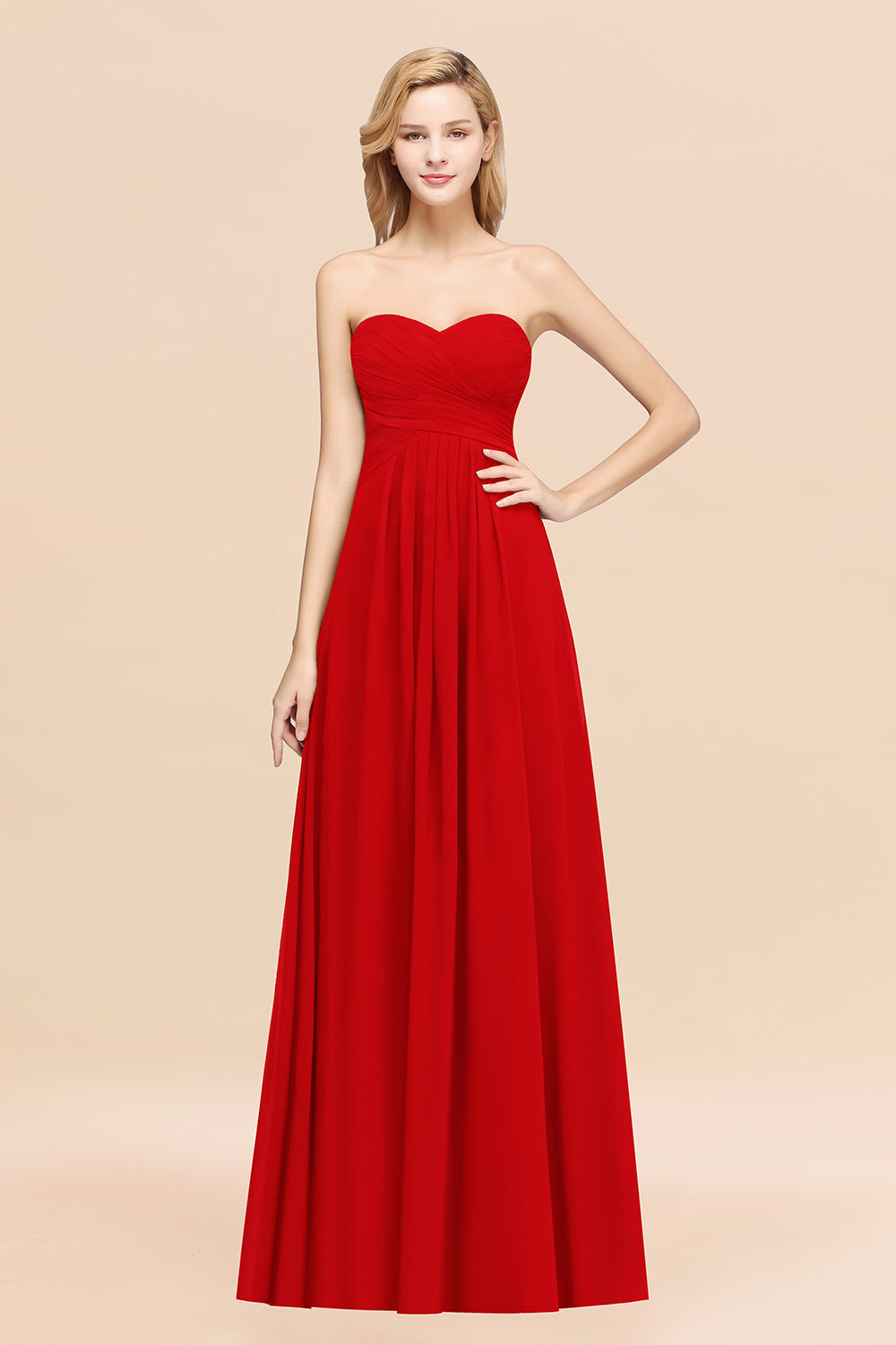 Long A-line Chiffon Sweetheart Strapless Ruffles Bridesmaid Dress-BIZTUNNEL