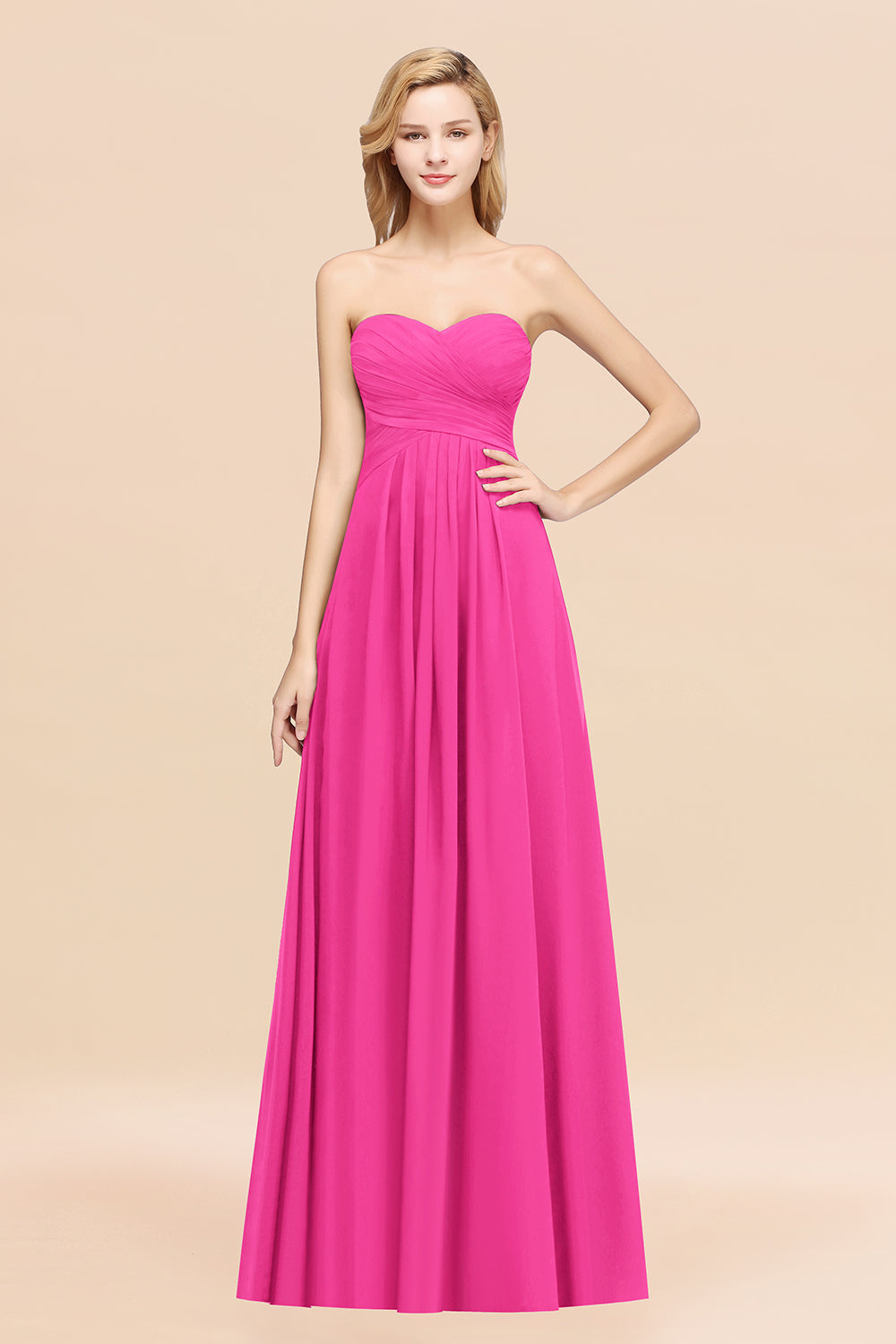 Long A-line Chiffon Sweetheart Strapless Ruffles Bridesmaid Dress-BIZTUNNEL