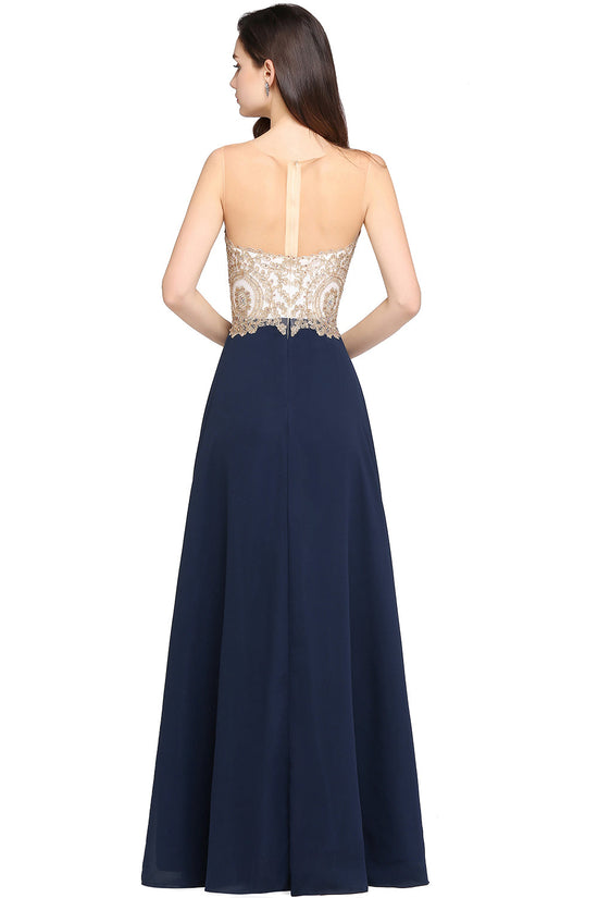 Long A-Line Chiffon Tulle Lace Scoop Sleeveless Bridesmaid Dress with Beadings-BIZTUNNEL