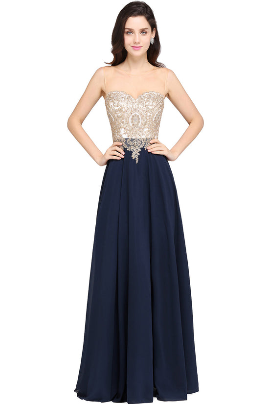 Long A-Line Chiffon Tulle Lace Scoop Sleeveless Bridesmaid Dress with Beadings-BIZTUNNEL