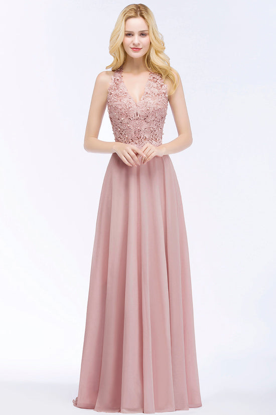 Long A-line Chiffon V-neck Appliques Lace Bridesmaid Dresses with Pearls-BIZTUNNEL