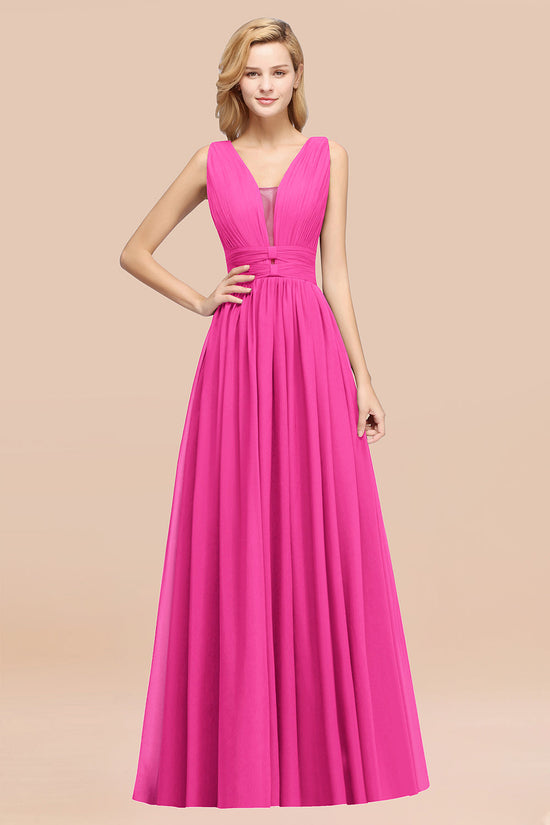 Long A-Line Chiffon V-Neck Sleeveless Bridesmaid Dress-BIZTUNNEL