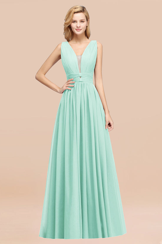 Long A-Line Chiffon V-Neck Sleeveless Bridesmaid Dress-BIZTUNNEL