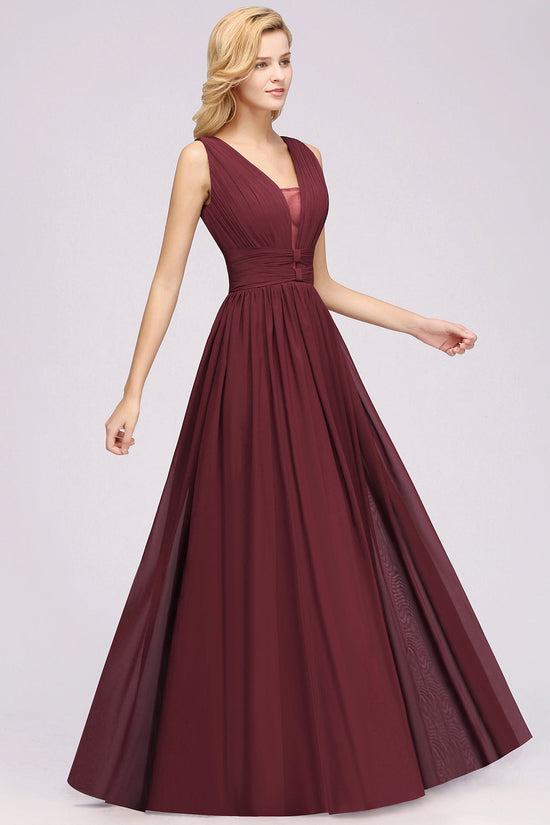 Long A-Line Chiffon V-Neck Sleeveless Bridesmaid Dress-BIZTUNNEL