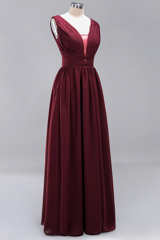 Long A-Line Chiffon V-Neck Sleeveless Bridesmaid Dress-BIZTUNNEL