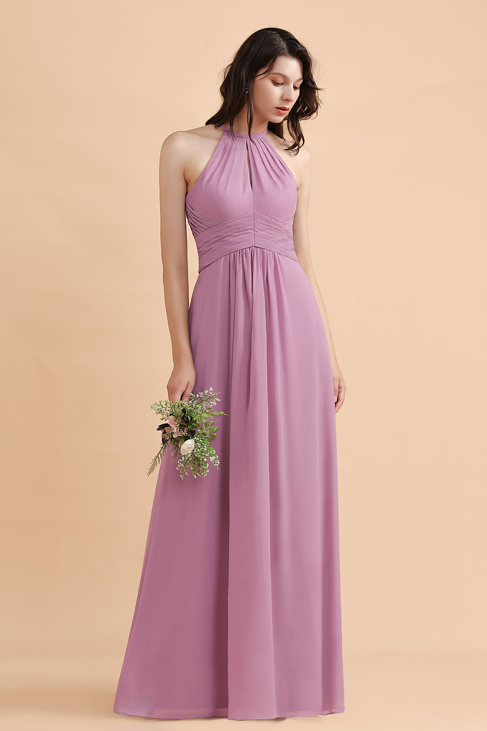 Long A-Line Halter Garden Wedding Party Dress Amazing Chiffon Bridesmaid Dress-BIZTUNNEL