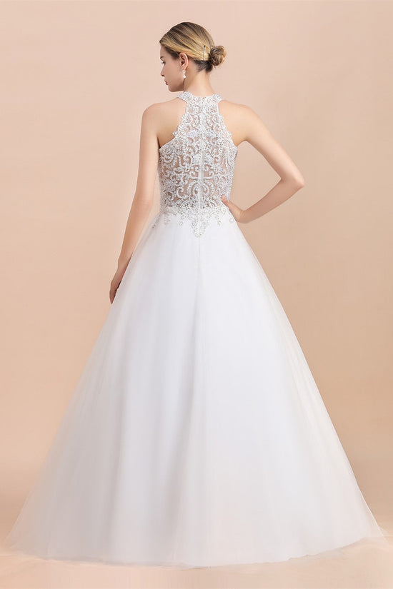 Long A-line Halter Lace Appliques Sequins Sleeveless Wedding Dress-BIZTUNNEL