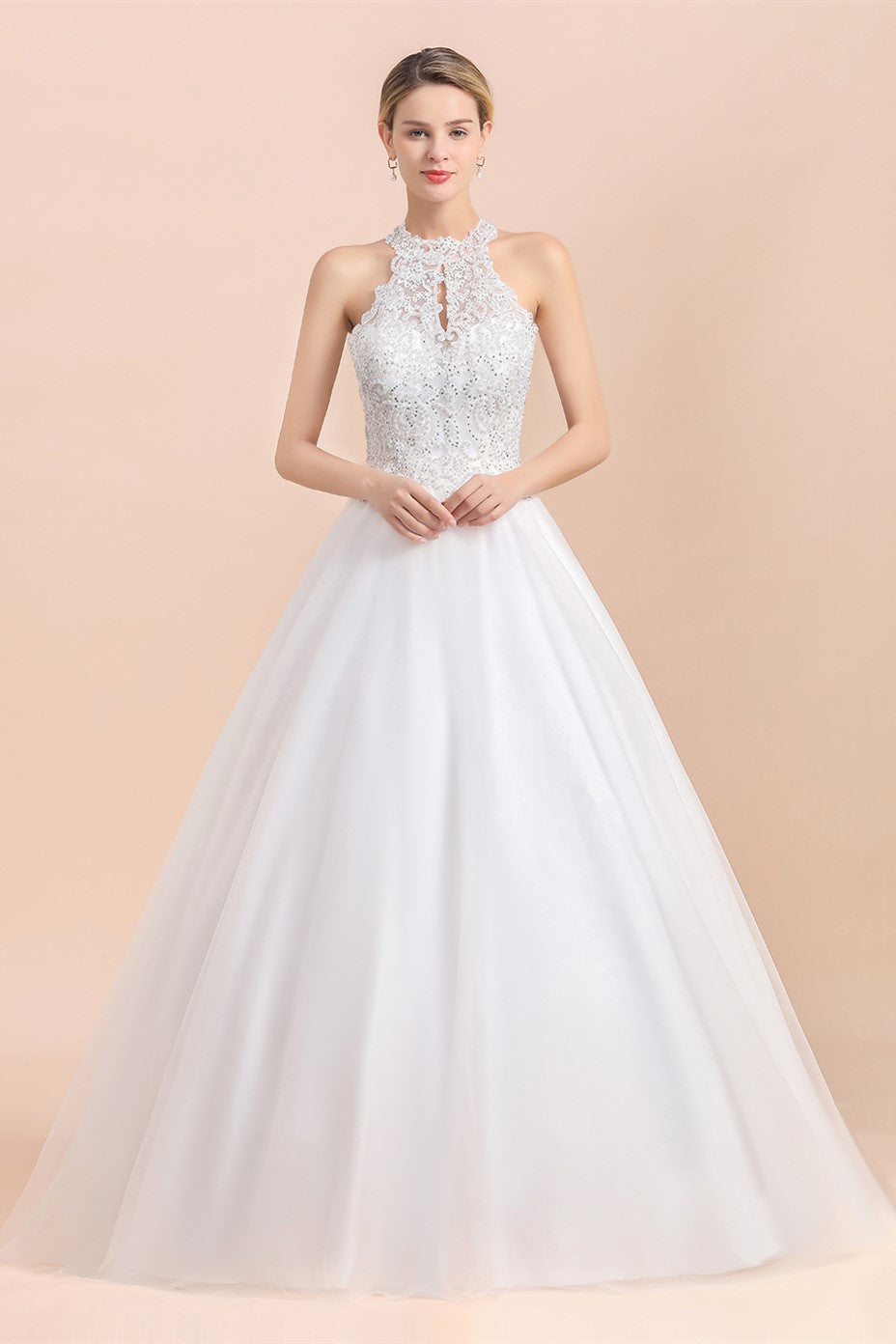 Lace Applique Halter A-Line Wedding Dress