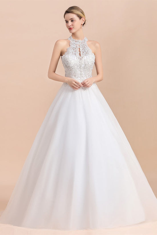 Long A-line Halter Lace Appliques Sequins Sleeveless Wedding Dress-BIZTUNNEL