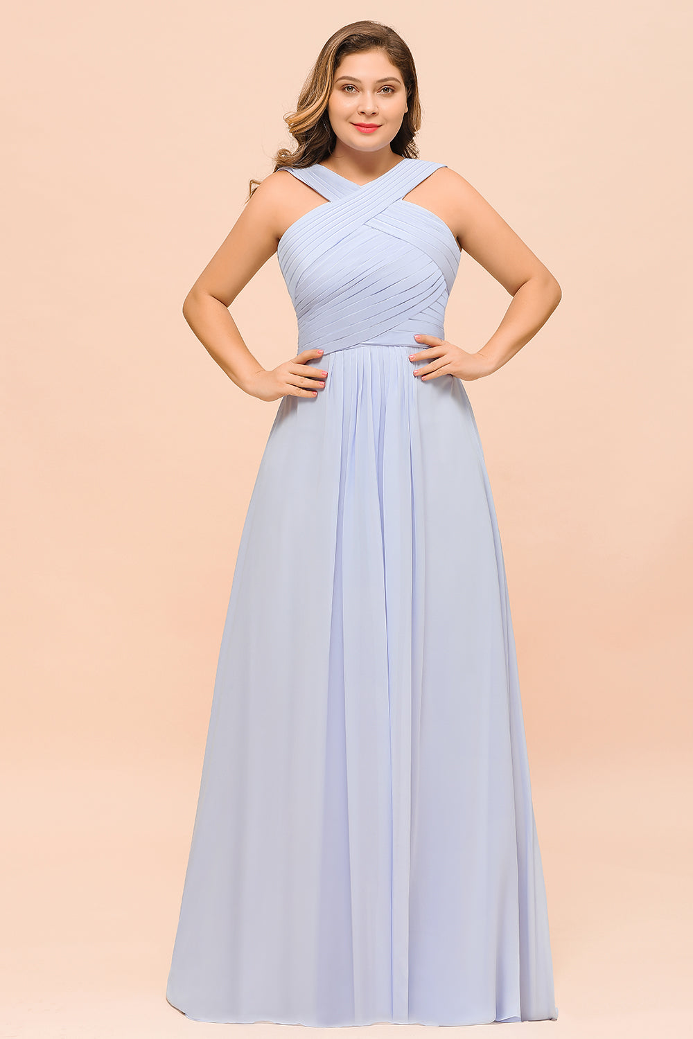 Long A-line Halter Lavender Chiffon Plus Size Bridesmaid Dress with Ruffle-BIZTUNNEL