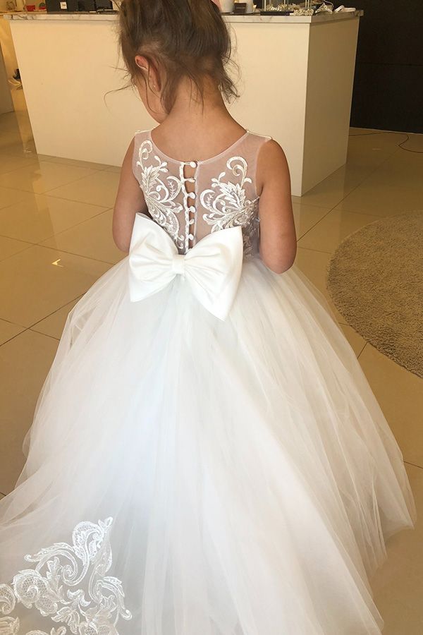 Long A-line Jewel Sleeveless Appliques Lace Tulle Flower Girl Dresses With Bow-BIZTUNNEL