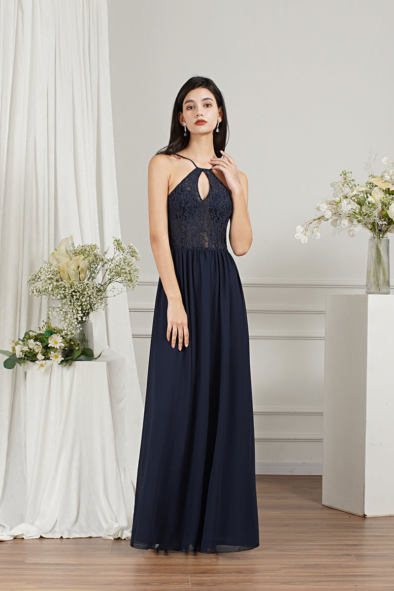 Long A-line Keyhole Neckline Lace Spaghetti Chiffon Bridesmaid Dresses-BIZTUNNEL